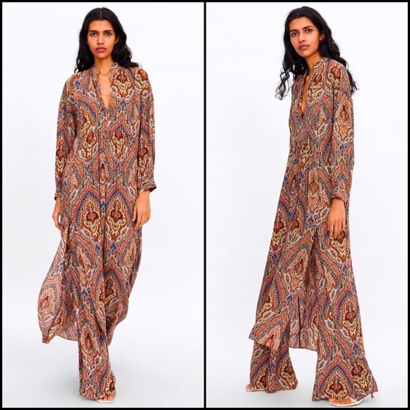 Zara Bohemian Print Side Slit V-Neck Maxi Dress Tunic - Picture 2 of 12